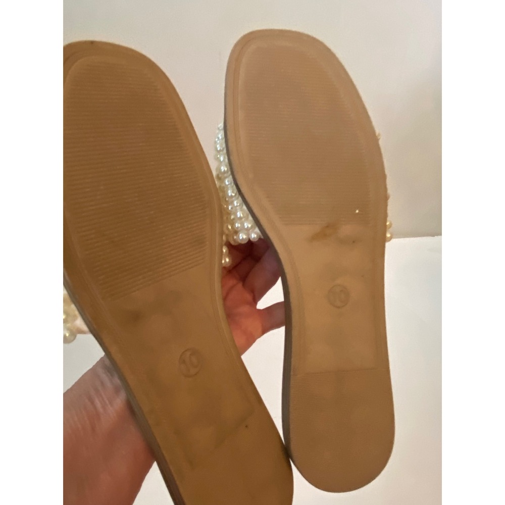 A New Day Pearl Embellished Slide Sandals White Tan Flat Square Toe Sz 10 - Picture 6 of 7